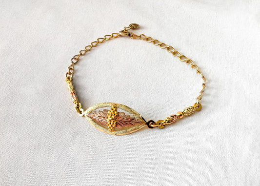 Vintage 12K 10K JCO Black Hills Gold Oval Leaf Motif 12K Gold Filled Chain Bracelet, 7.5"