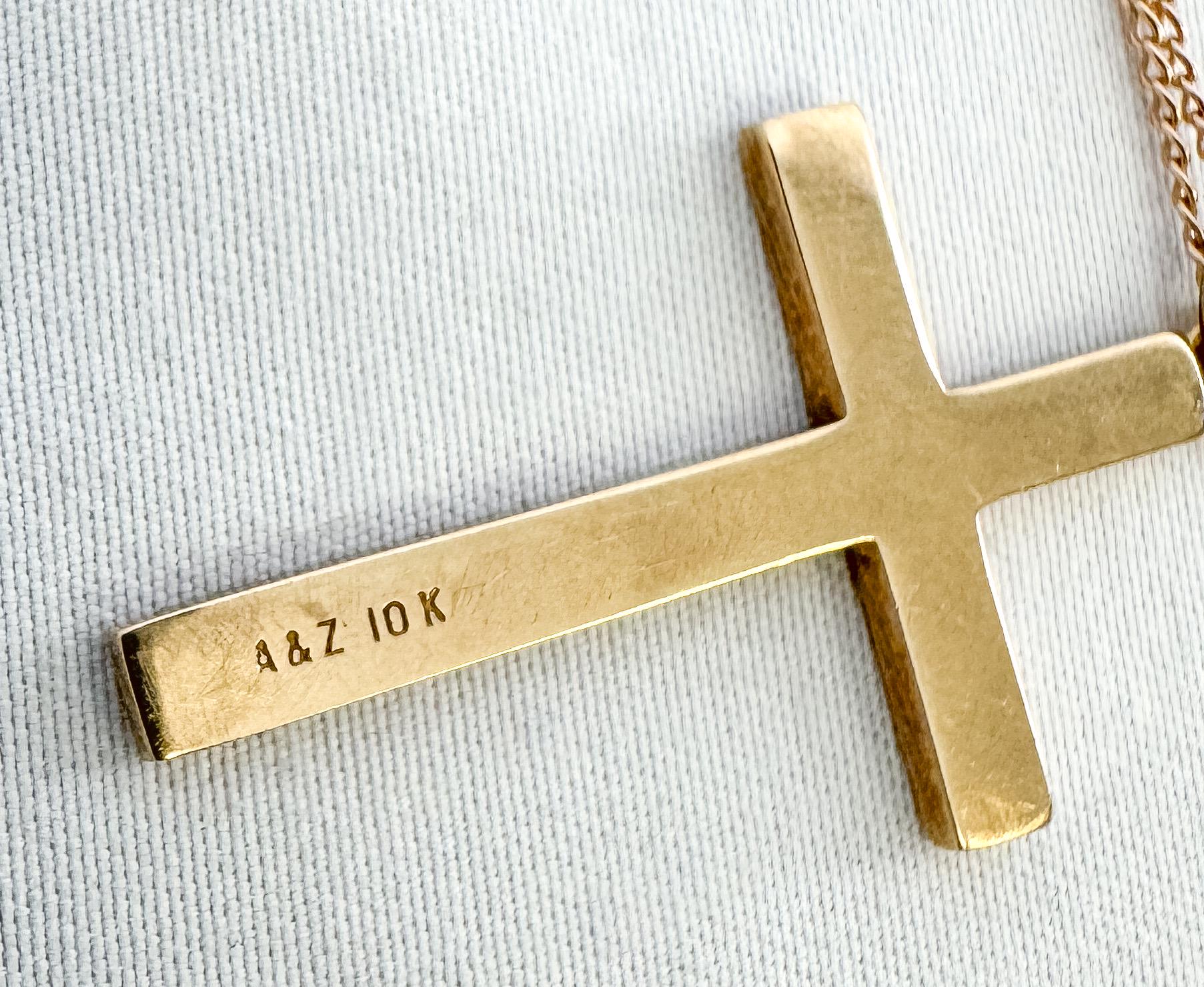 Vintage 10K Yellow Gold Floral Etched Cross Pendant Necklace on 14K Gold 19" Chain, Simple Elegant Cross Chain
