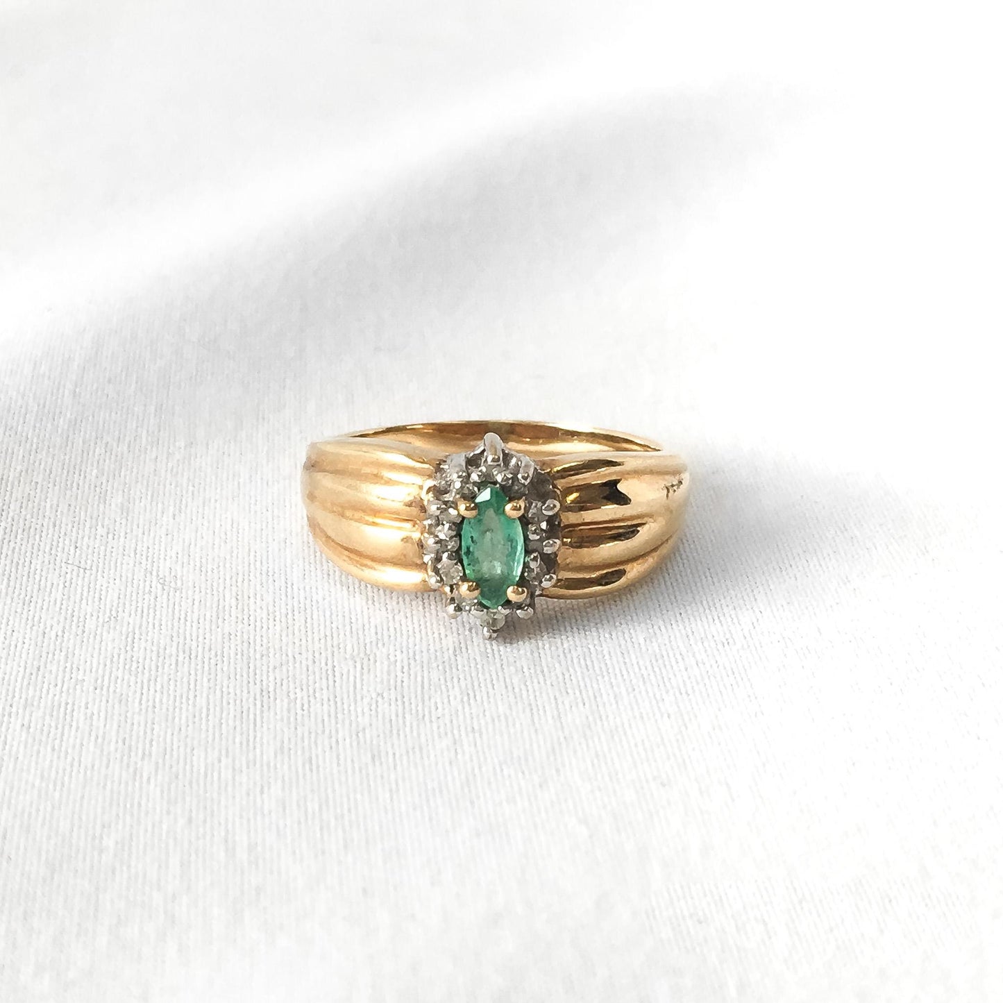 Vintage Columbian 10K Marquise Emerald Diamond Estate Ring Size 6, Elegant Art Deco Style Ring