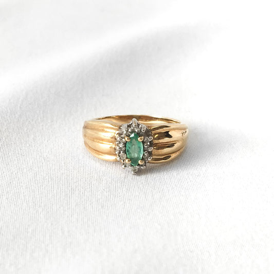 Vintage Columbian 10K Marquise Emerald Diamond Estate Ring Size 6, Elegant Art Deco Style Ring