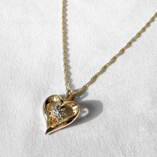 10K Yellow Gold Diamond Cluster Open Heart Pendant on 14K Italy 18 Inch Chain, Simple Elegant Chain Necklace
