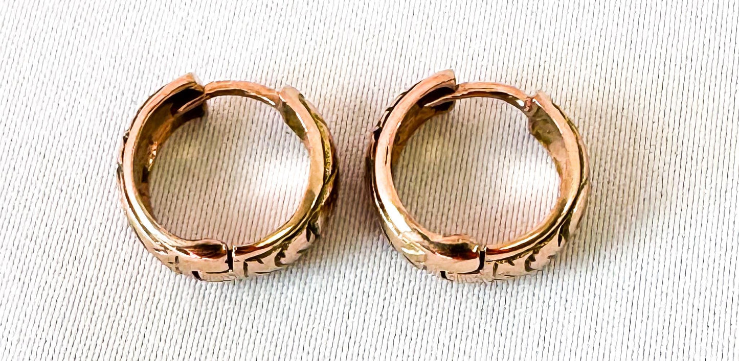 Vintage 9K 375 Rose Gold Floral Etched Mini Huggie Hoop Earrings, Roughly 4mm, Roughly .25", Unique Simple Minimalist Earrings