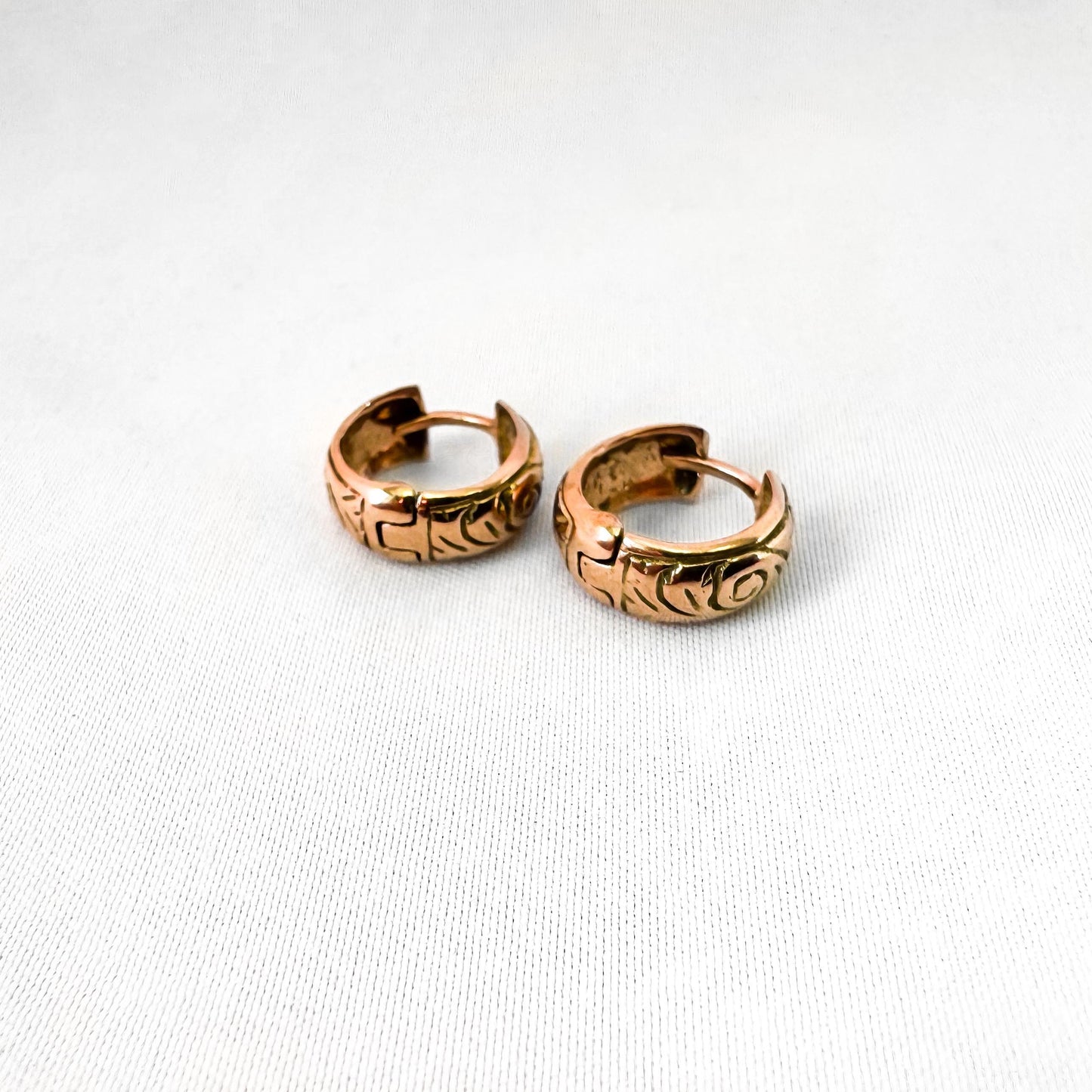 Vintage 9K 375 Rose Gold Floral Etched Mini Huggie Hoop Earrings, Roughly 4mm, Roughly .25", Unique Simple Minimalist Earrings