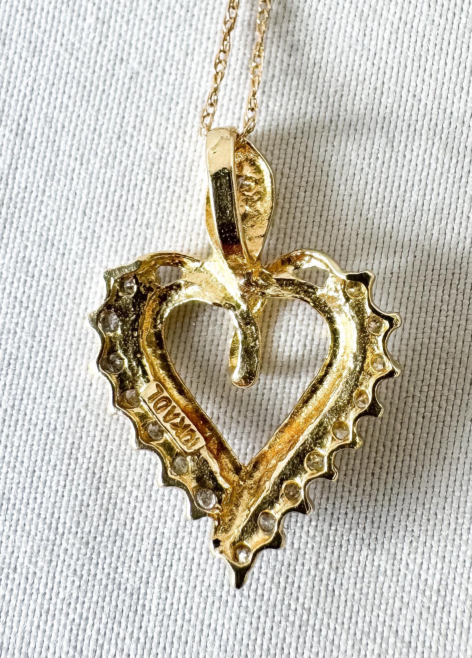 Vintage 10K Yellow Gold Diamond Heart Pendant 20" Necklace, Elegant Simple Dainty Heart Necklace