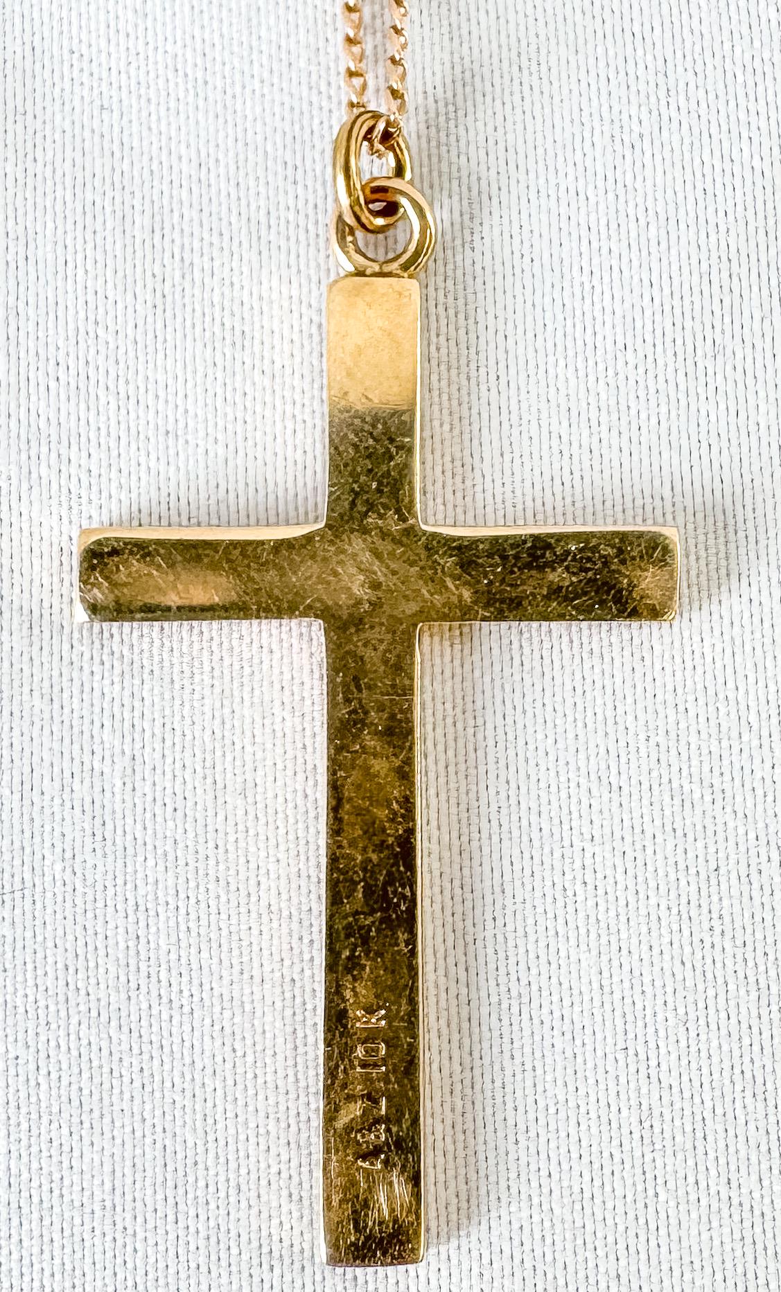 Vintage 10K Yellow Gold Floral Etched Cross Pendant Necklace on 14K Gold 19" Chain, Simple Elegant Cross Chain