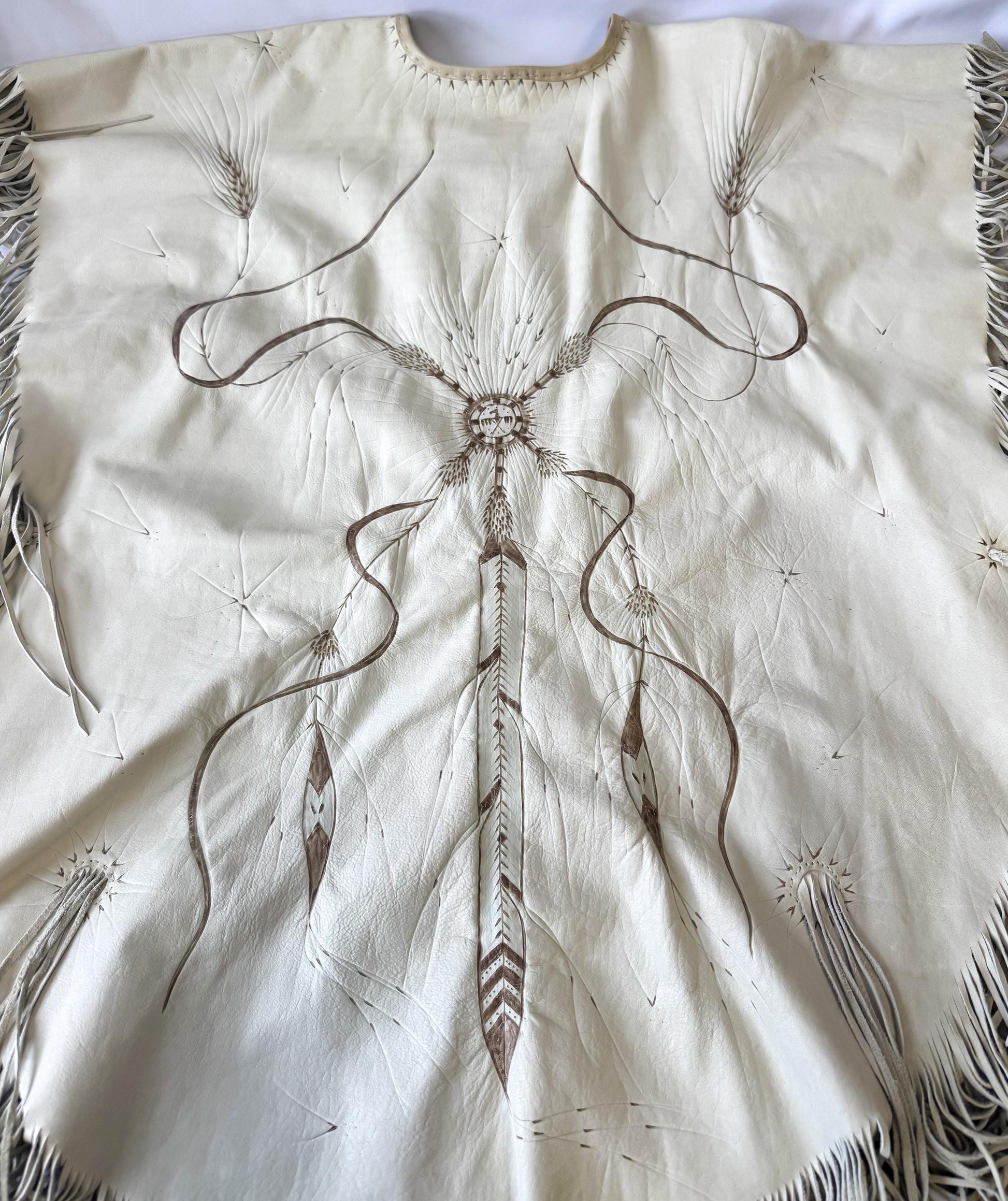 Vintage 60s/70s Handmade Cream Off-White Eagle Dreamcatcher Native Western Style Leather Fringe Shawl One Size Unique Statement Western Wear
