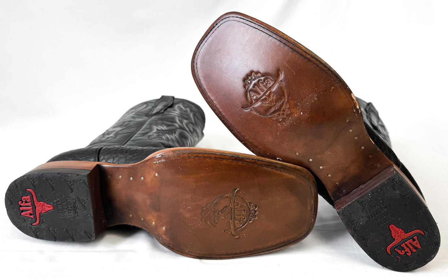 Vintage Alfa Black Leather Embroidered Cowboy Boots, Approx. Men's Sz 10.5EE, Vintage Western Boots