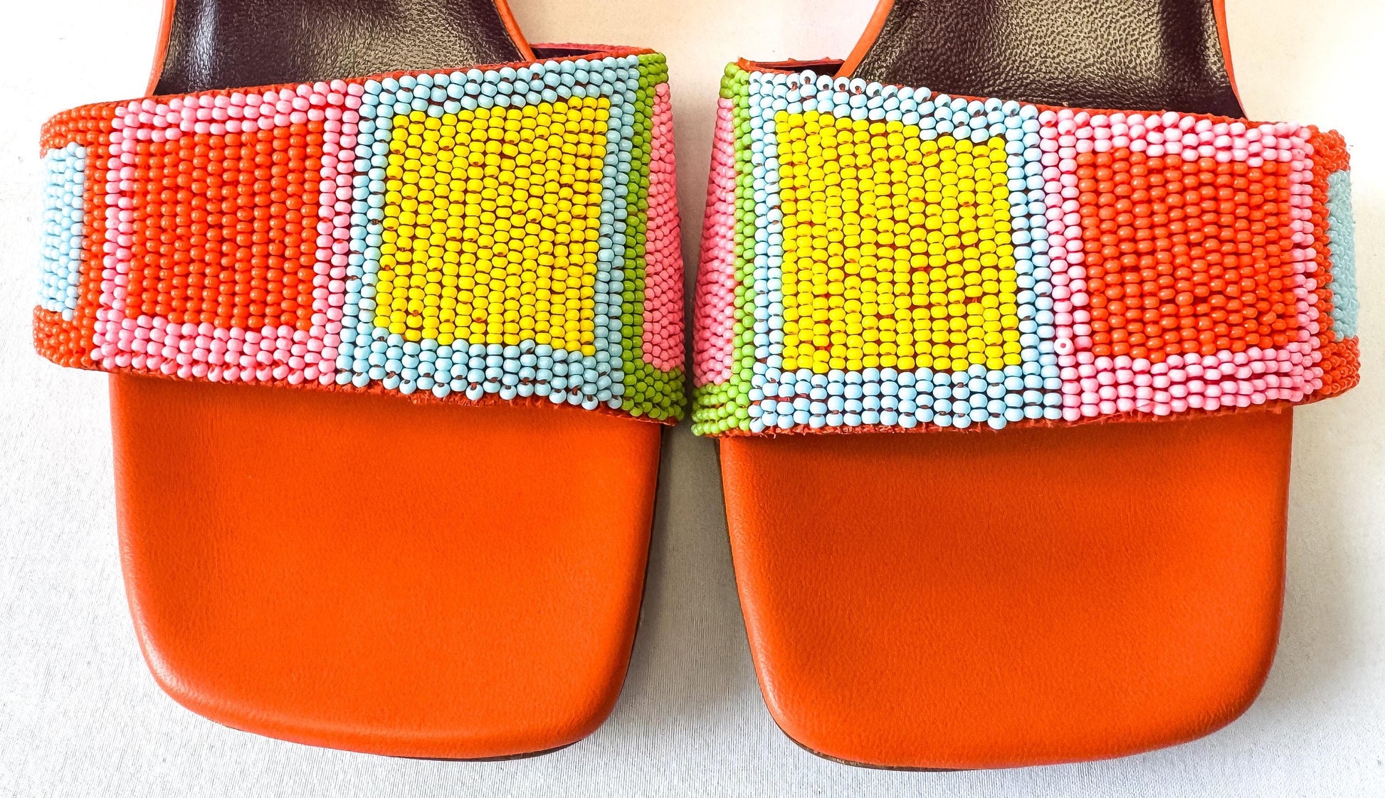 Retro Style Staud Orange Multicolor Beaded Leather Wedge Sandals, Approx. US Women's Sz. 8
