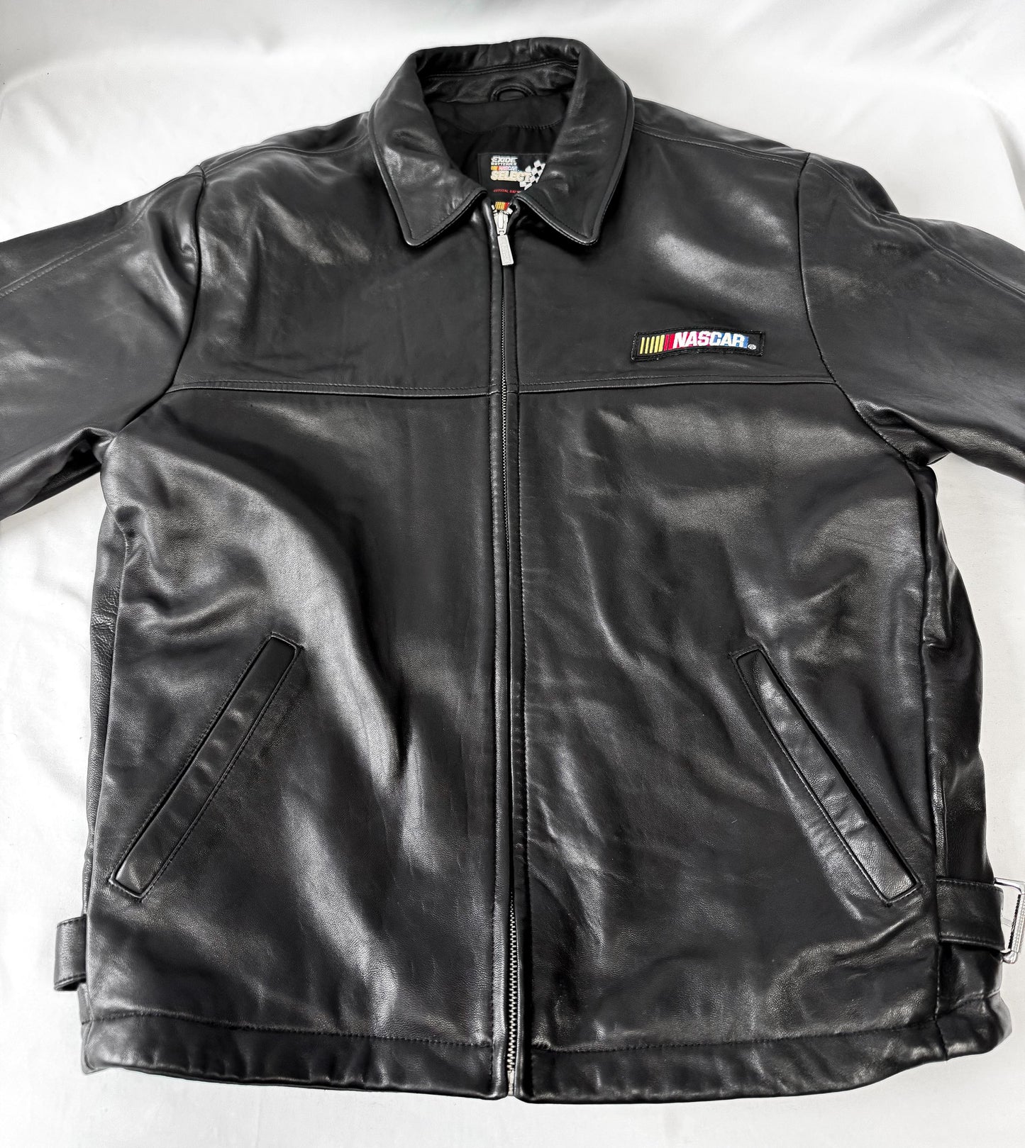 Vintage NASCAR 2000 Embroidered Logo Black Leather Jacket, Approx. Men's Sz. L