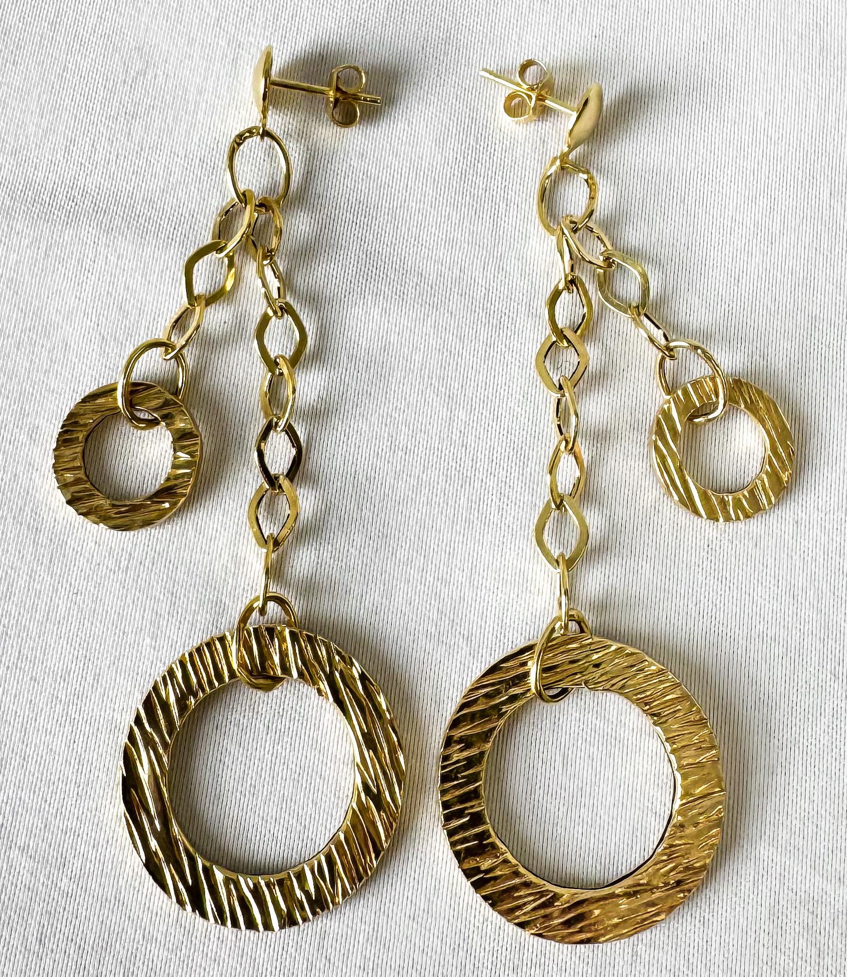 Vintage 14K Italy Yellow Gold Hollow Textured Circle Chain Dangle Stud Earrings, Lightweight Unique Retro Simple Minimalist Earrings
