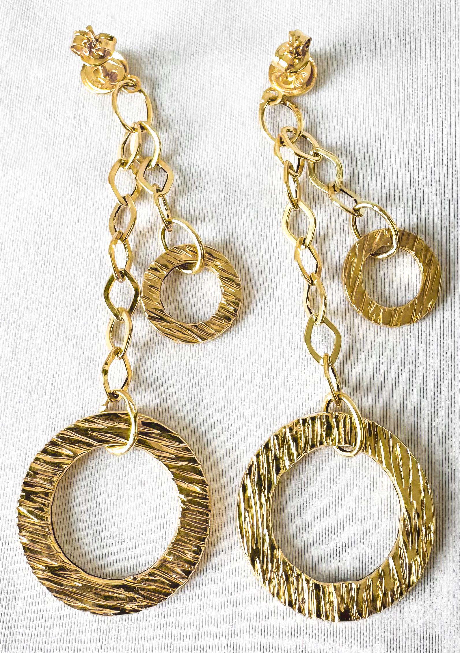Vintage 14K Italy Yellow Gold Hollow Textured Circle Chain Dangle Stud Earrings, Lightweight Unique Retro Simple Minimalist Earrings