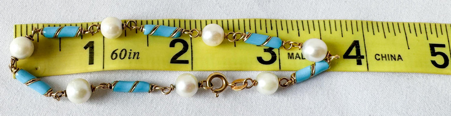 Vintage 18K 750 Pearl Blue Enamel Chain Bracelet, Approx. 7 Inches, Unique Simple Everyday Stackable Bracelet