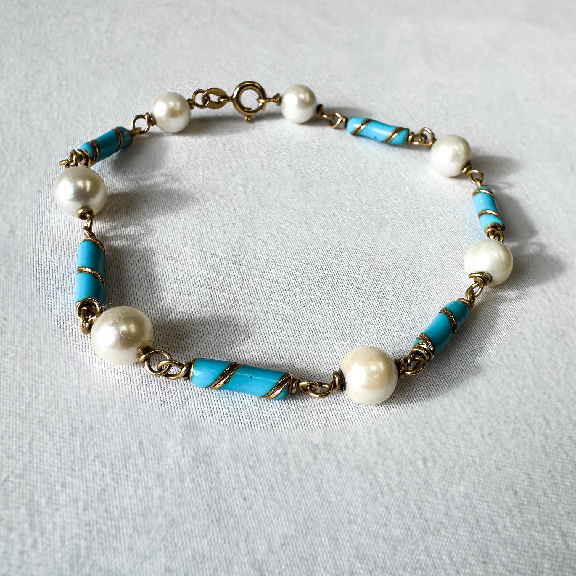 Vintage 18K 750 Pearl Blue Enamel Chain Bracelet, Approx. 7 Inches, Unique Simple Everyday Stackable Bracelet