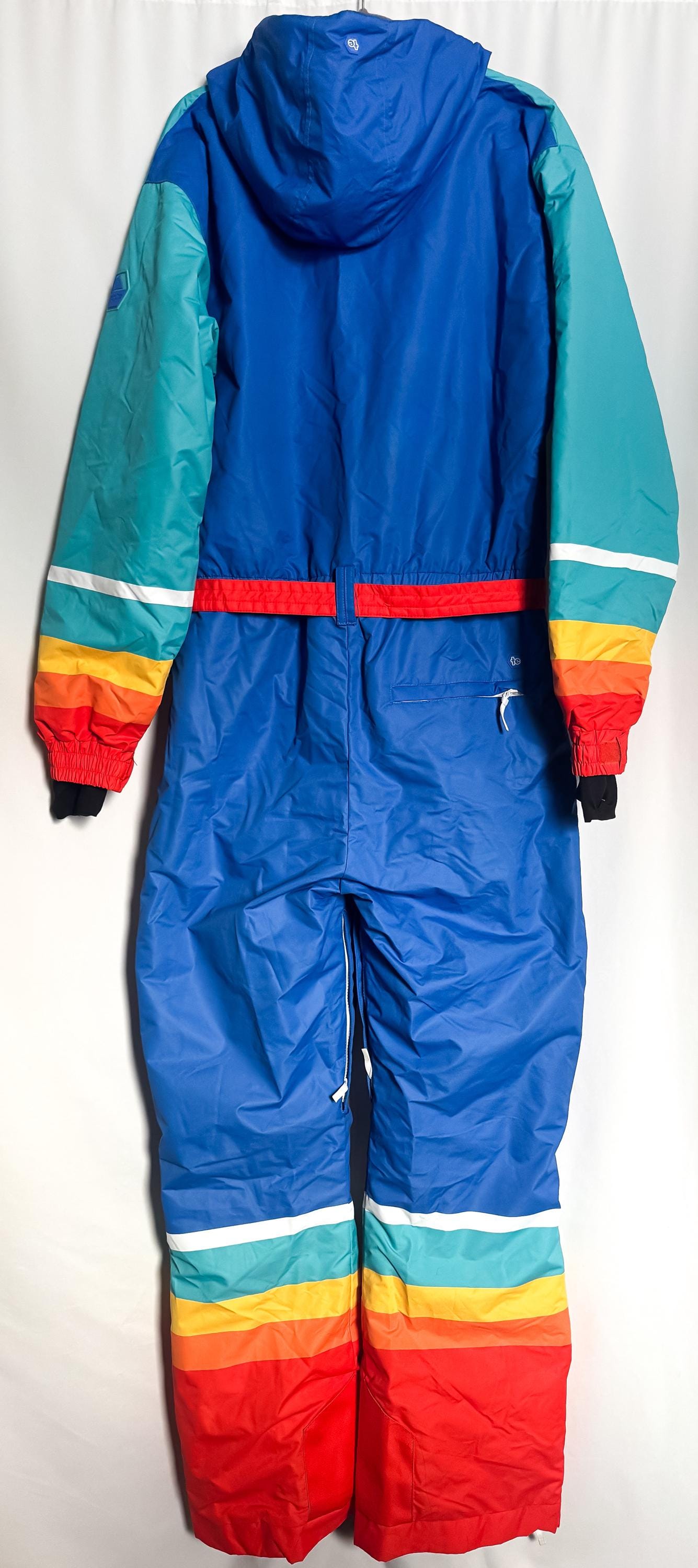 Vintage Inspired Tipsy Elves Rainbow Striped Ski Snow Suit, Men's Sz. L, Retro Winter Ski Suit