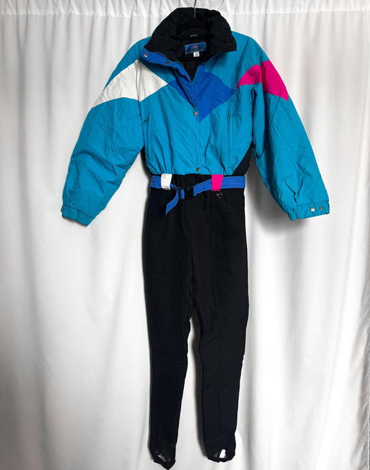 Vintage 90s Obermeyer Blue Multicolor Color Block Ski Snow Suit, Approx. Women's Sz. S