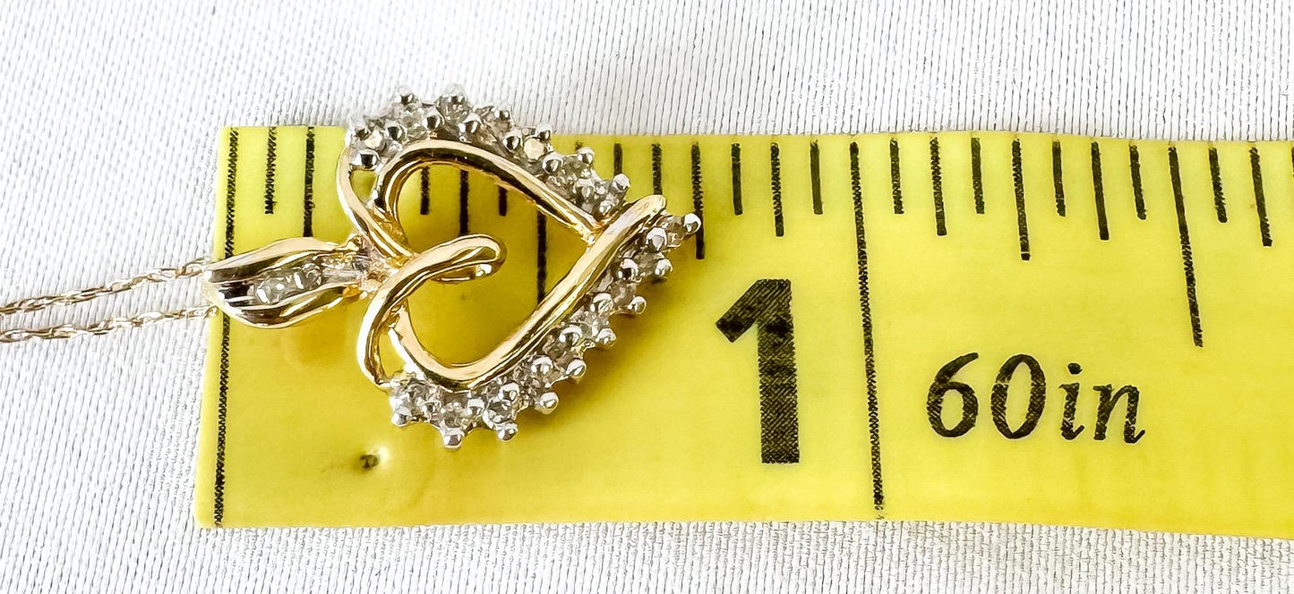 Vintage 10K Yellow Gold Diamond Heart Pendant 20" Necklace, Elegant Simple Dainty Heart Necklace