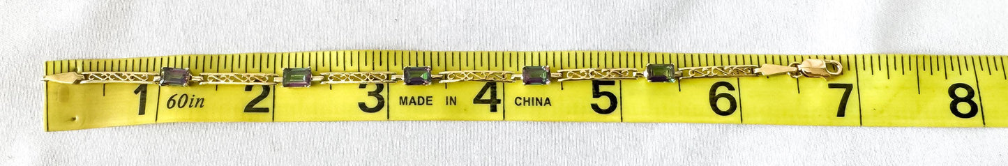 10K Yellow Gold Mystic Quartz Filigree Chain Bracelet, Roughly 7", Unique Simple Everyday Bracelet
