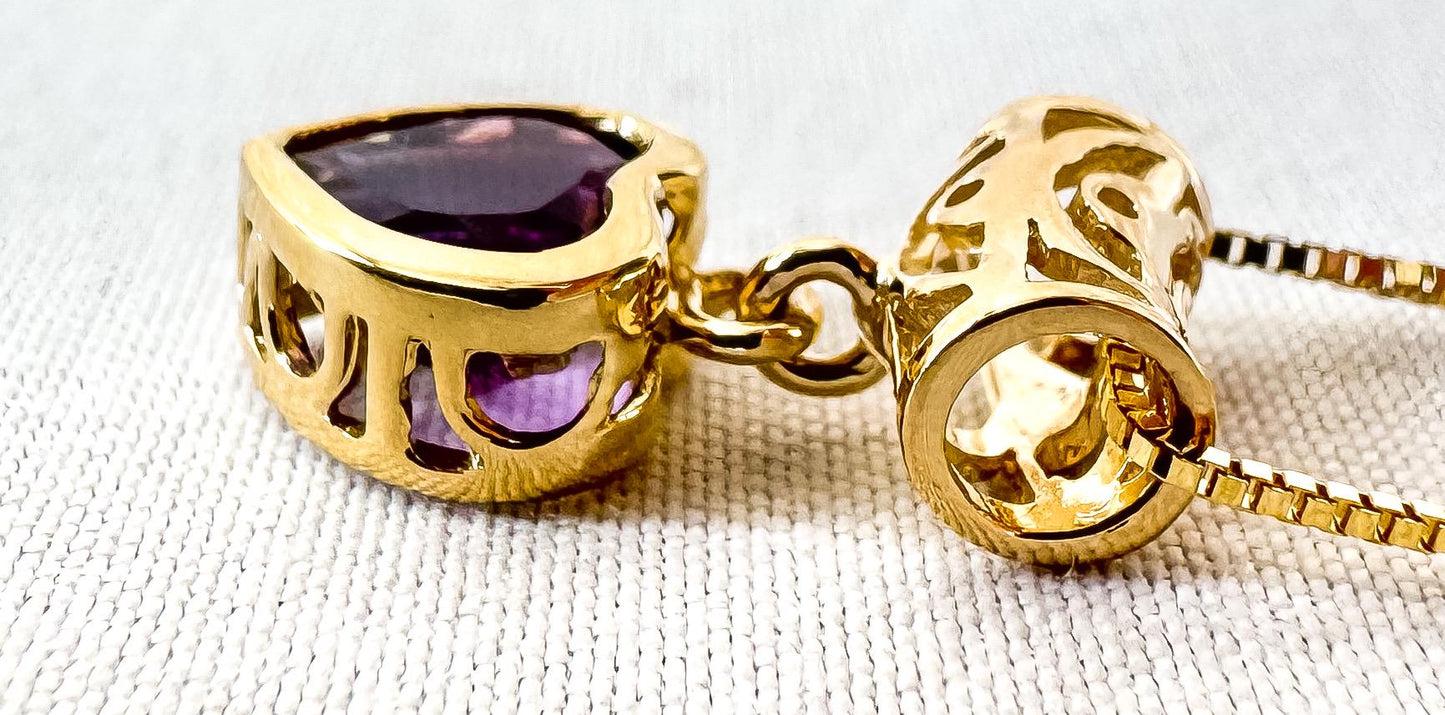 14K Yellow Gold Aurafin Italy Amethyst Heart Slide Pendant 18" Box Chain Necklace