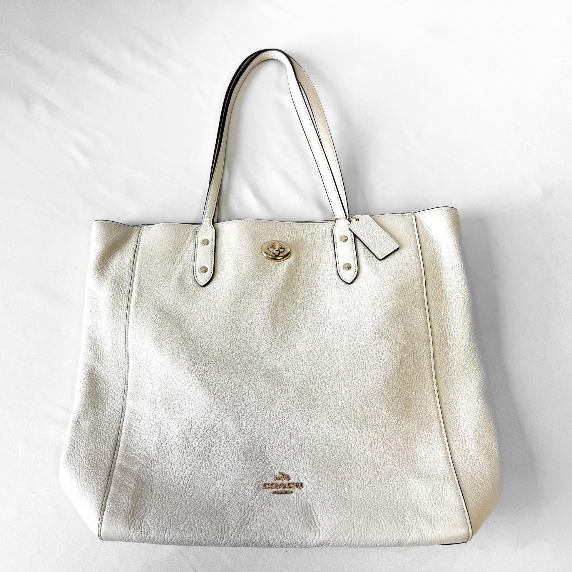 Modern Coach Town Tote Chalk White/Cream Turn Lock Pebbled Leather Shoulder Tote Bag, Style 12184