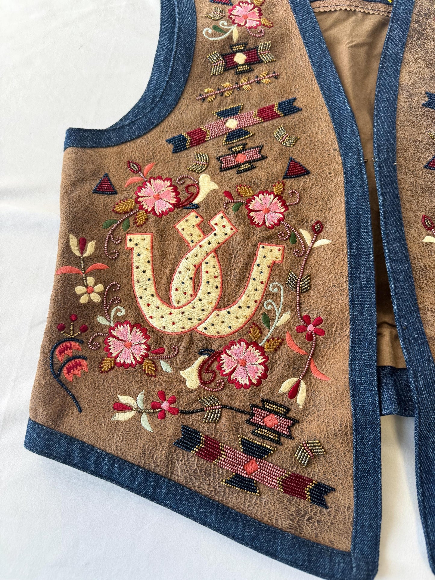 Vintage Style Scully Denim Leather Horseshoe Embroidered Beaded Vest, Women's Sz. S/M, Unique Western Festival Top