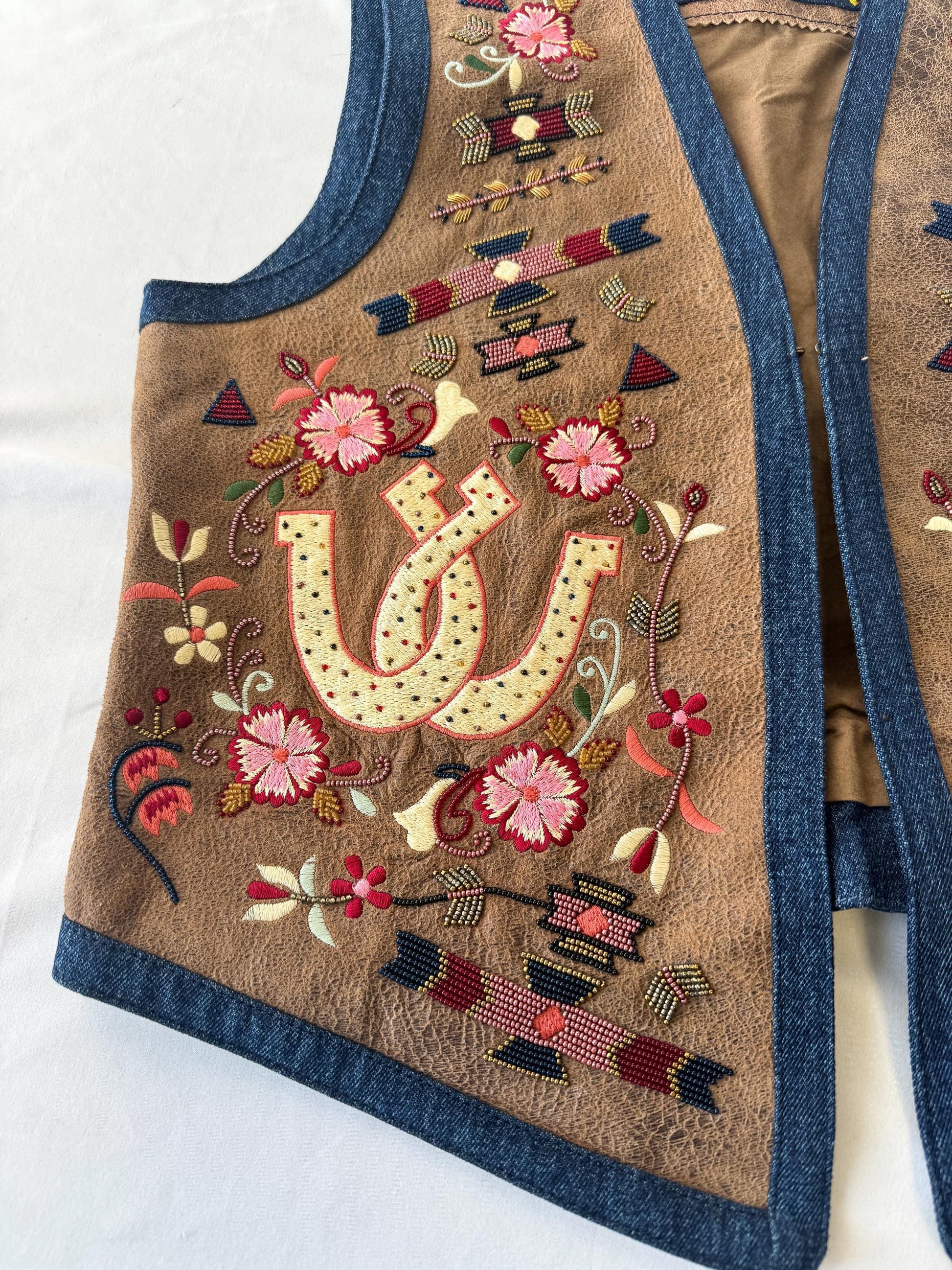 Vintage Style Scully Denim Leather Horseshoe Embroidered Beaded Vest, Women's Sz. S/M, Unique Western Festival Top