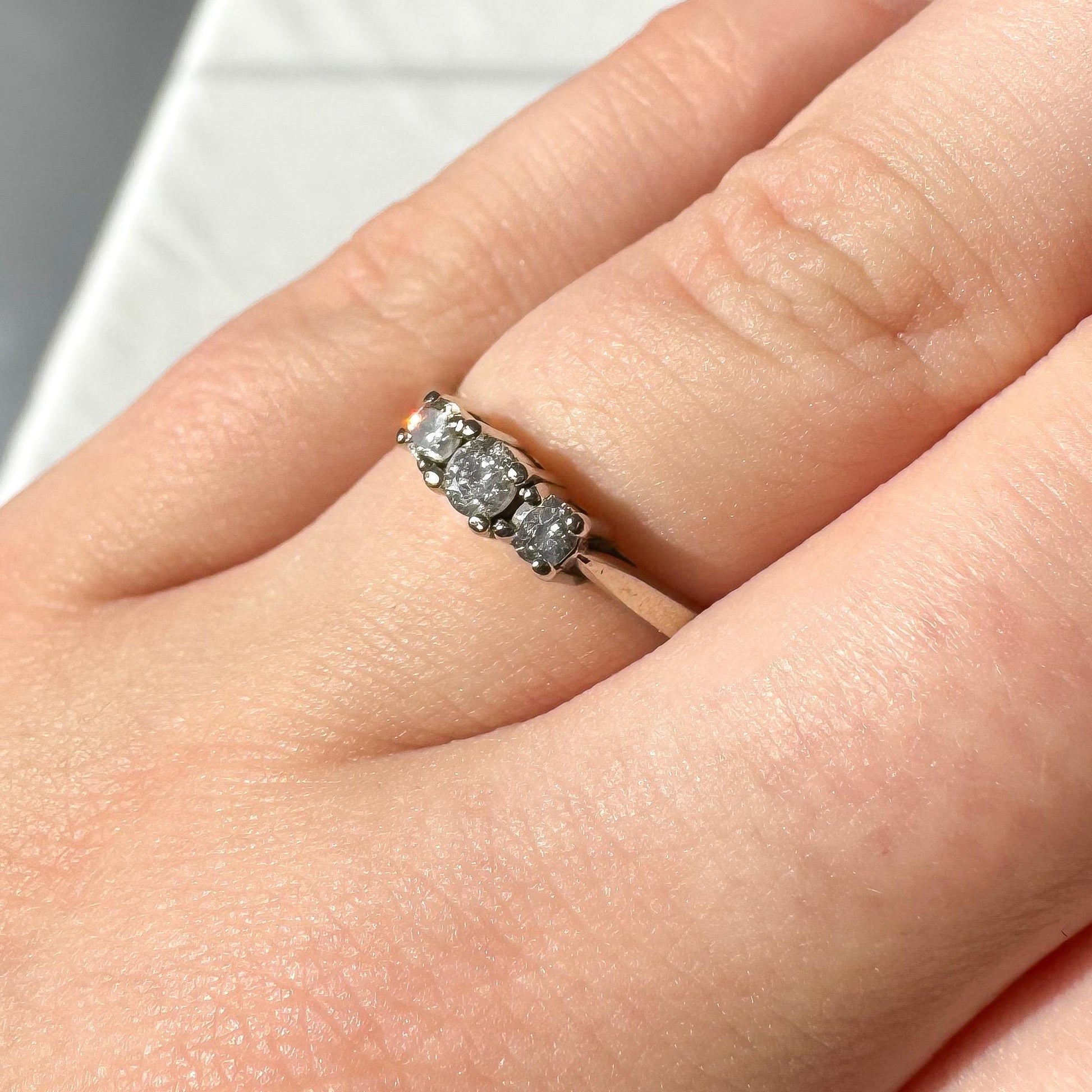 14K White Gold Three Stone Diamond Ring, Sz. 5, Simple Dainty Minimalist Stackable Ring
