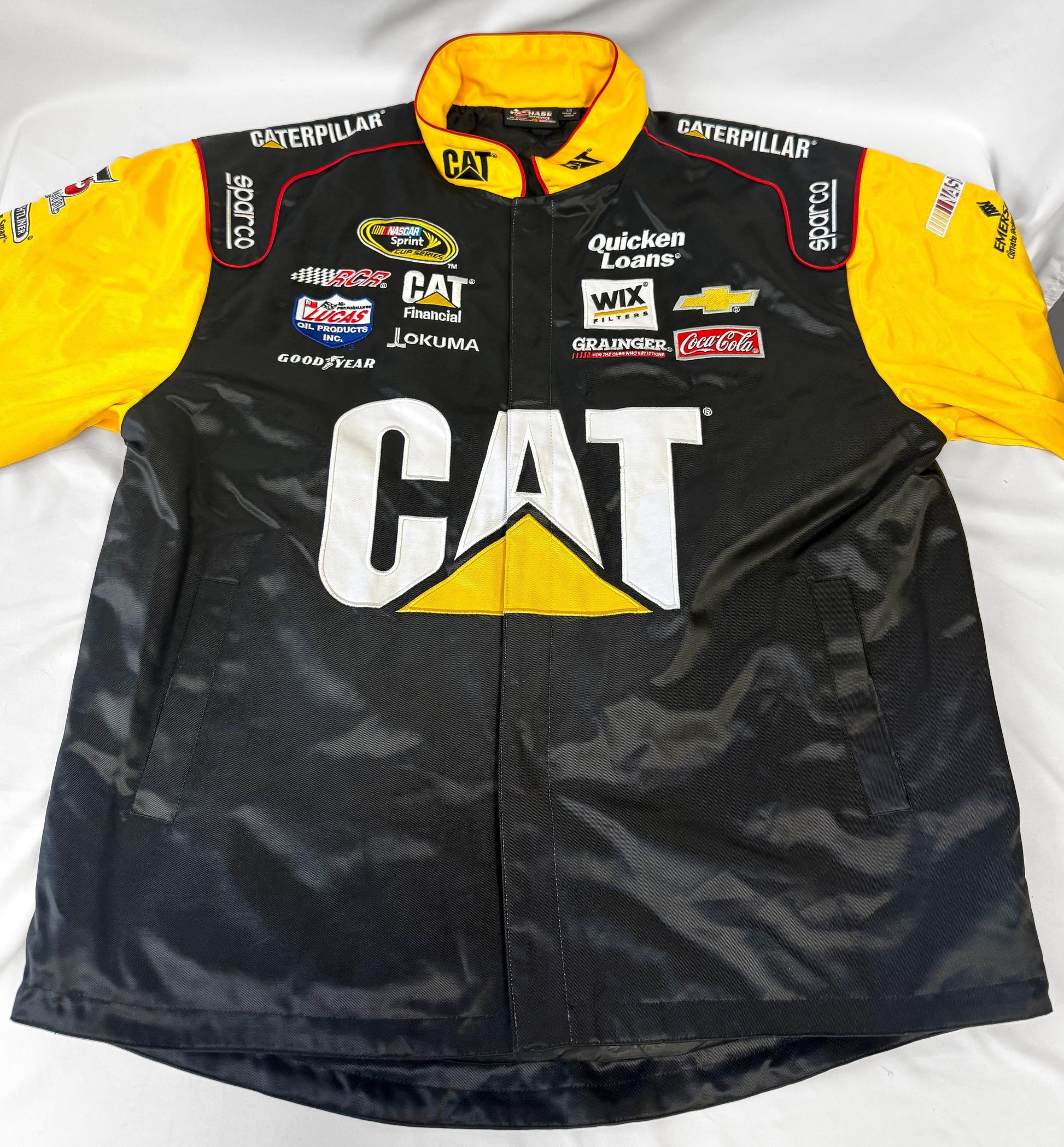 Chase Authentics Caterpillar Yellow Black Racing Jacket, Men's Sz. L, Vintage NASCAR Unisex Racing Jacket