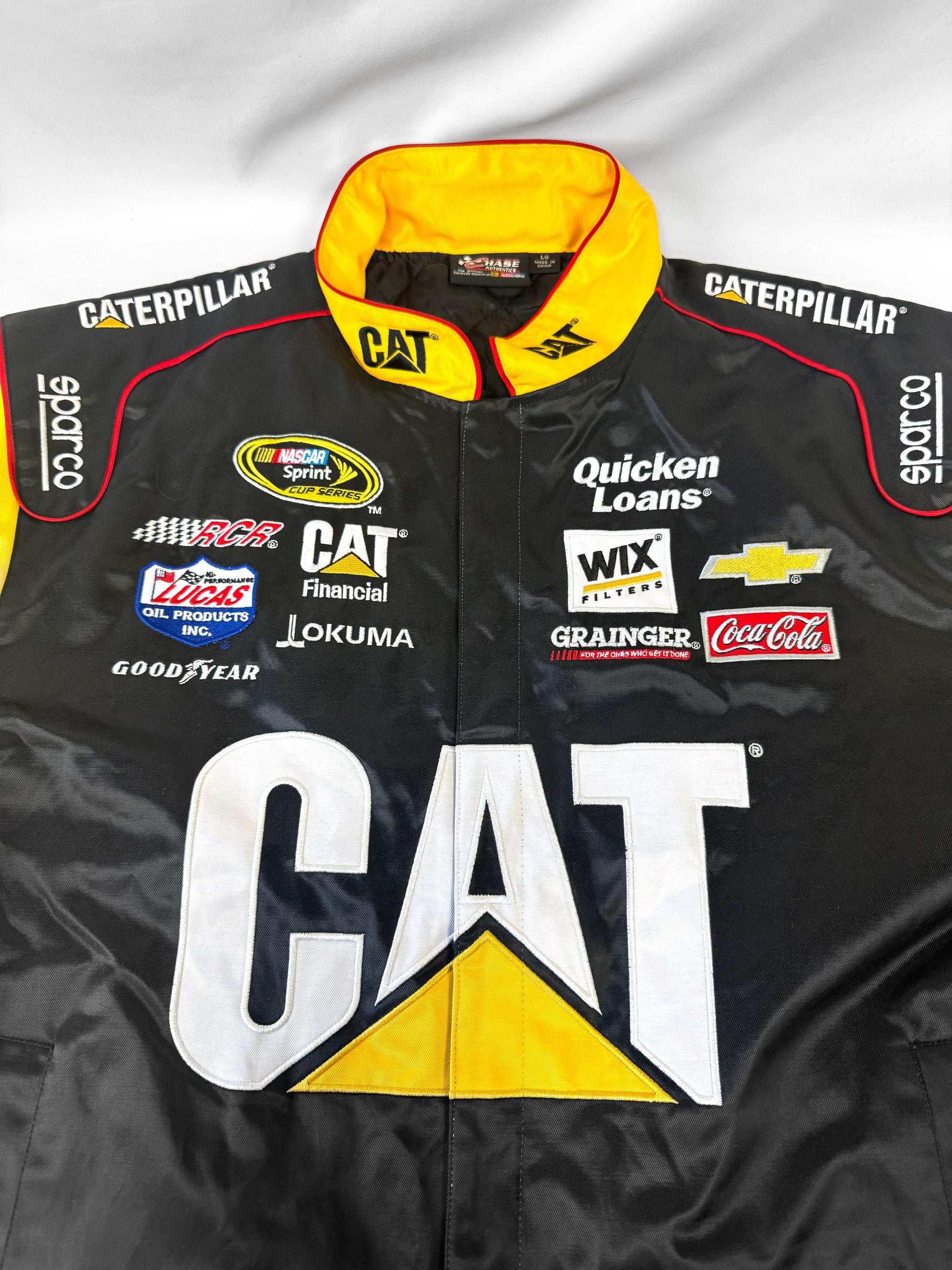 Chase Authentics Caterpillar Yellow Black Racing Jacket, Men's Sz. L, Vintage NASCAR Unisex Racing Jacket