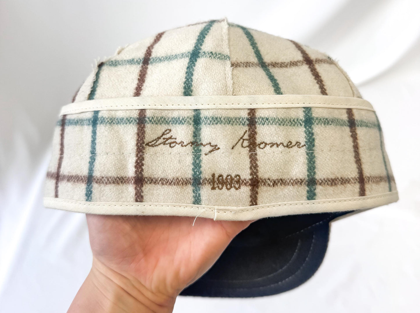 Stormy Kromer Cream Teal Brown Grid Patterned Wool Cap, Sz, 6 1/2