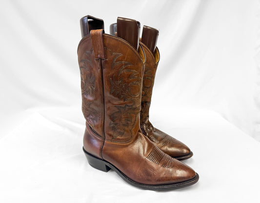 Vintage Tony Lama Brown Leather Embroidered Cowboy Boots, Style 7901, Men's Sz. 10.5EE, Vintage Western Boots