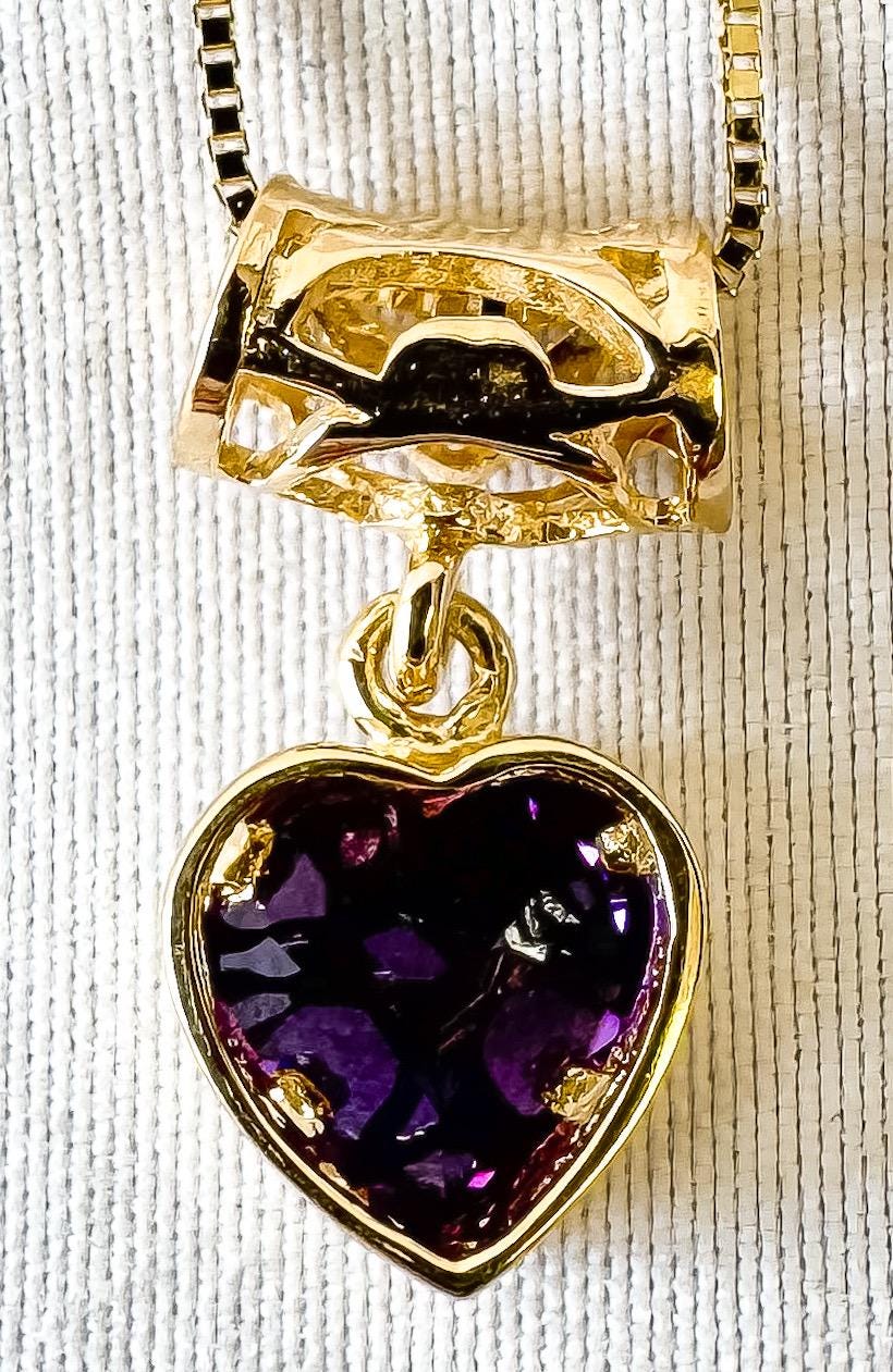 14K Yellow Gold Aurafin Italy Amethyst Heart Slide Pendant 18" Box Chain Necklace