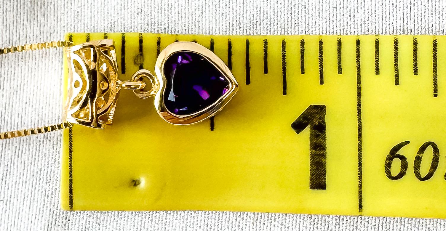 14K Yellow Gold Aurafin Italy Amethyst Heart Slide Pendant 18" Box Chain Necklace