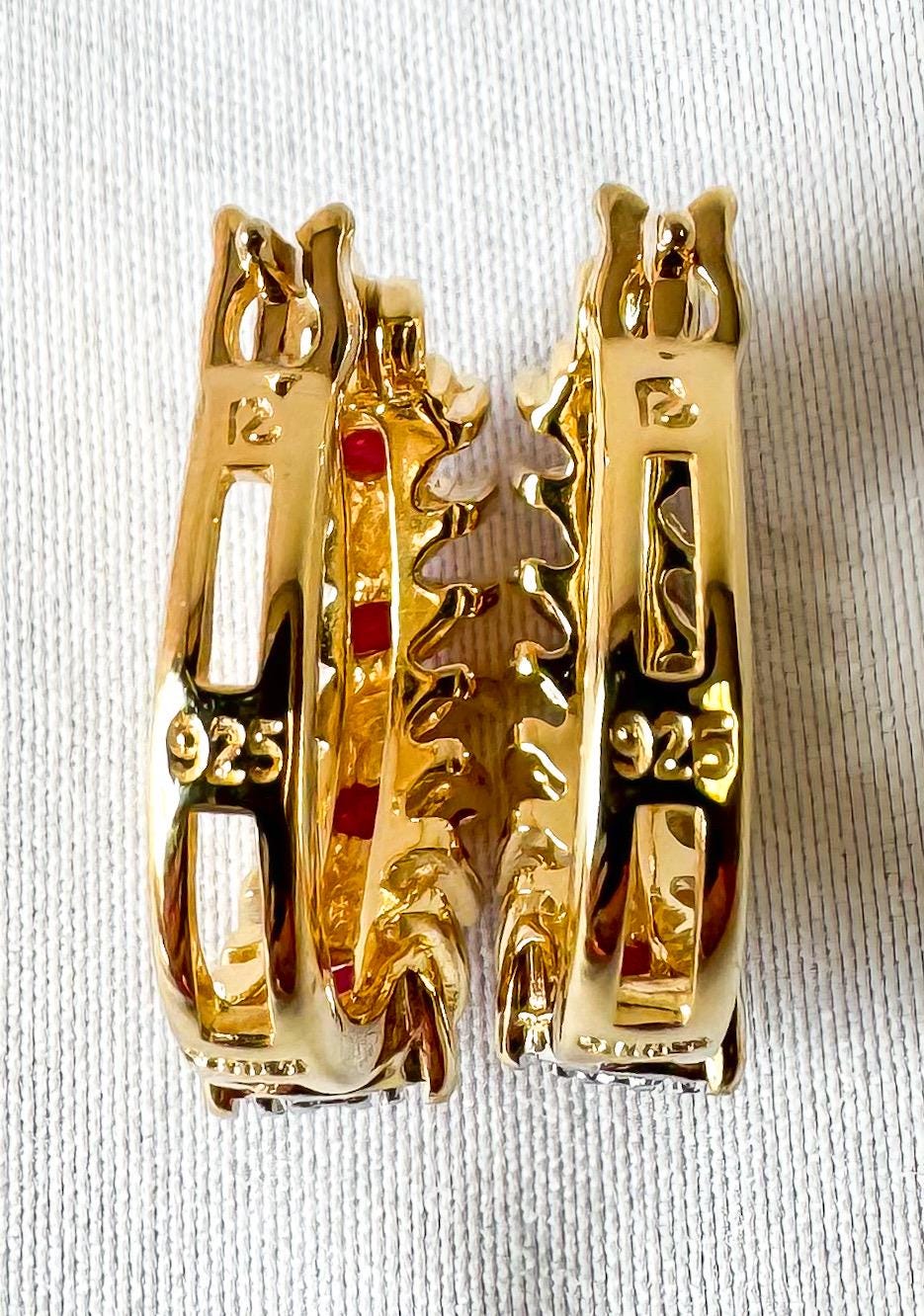 925 Gold Toned Diamond Ruby Hoop Earrings, Elegant Simple Minimalist Hoops