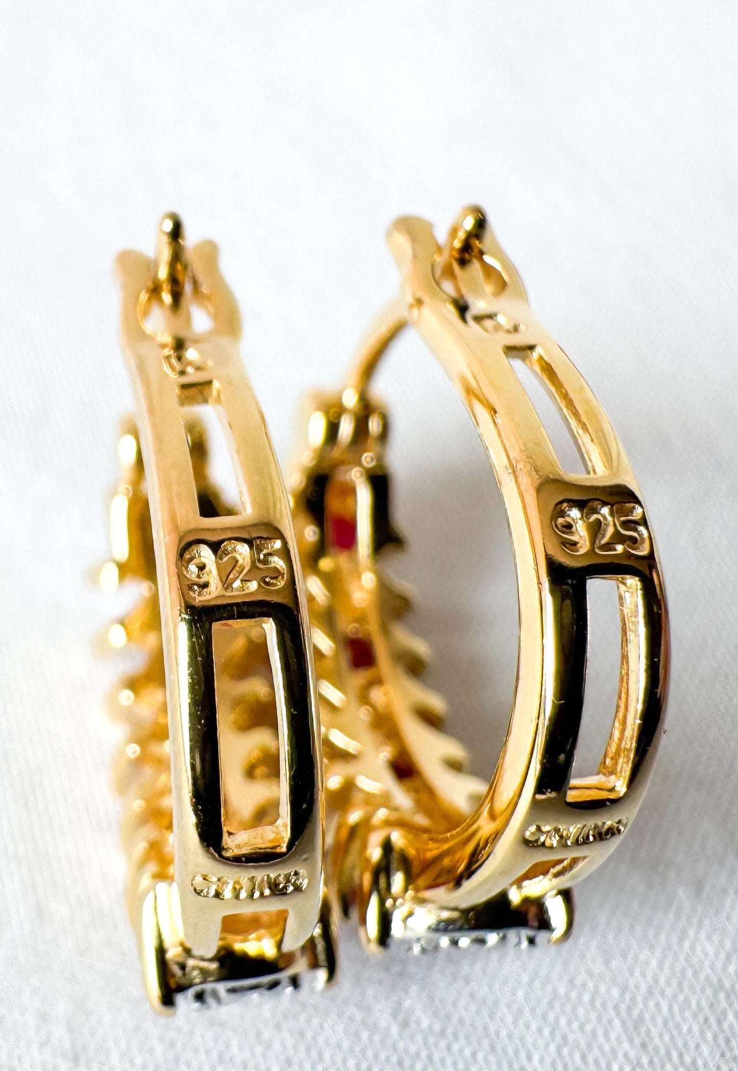 925 Gold Toned Diamond Ruby Hoop Earrings, Elegant Simple Minimalist Hoops