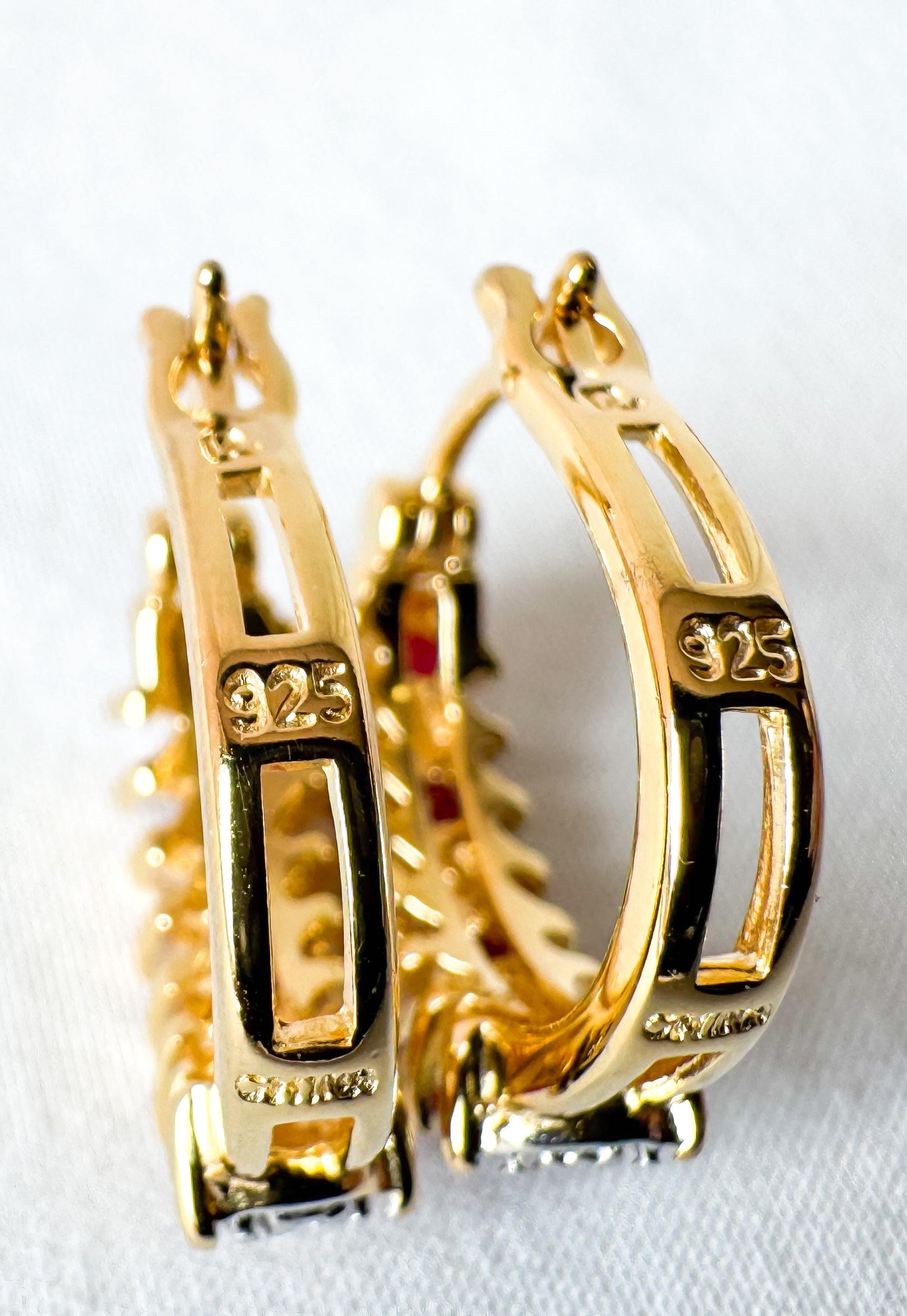 925 Gold Toned Diamond Ruby Hoop Earrings, Elegant Simple Minimalist Hoops