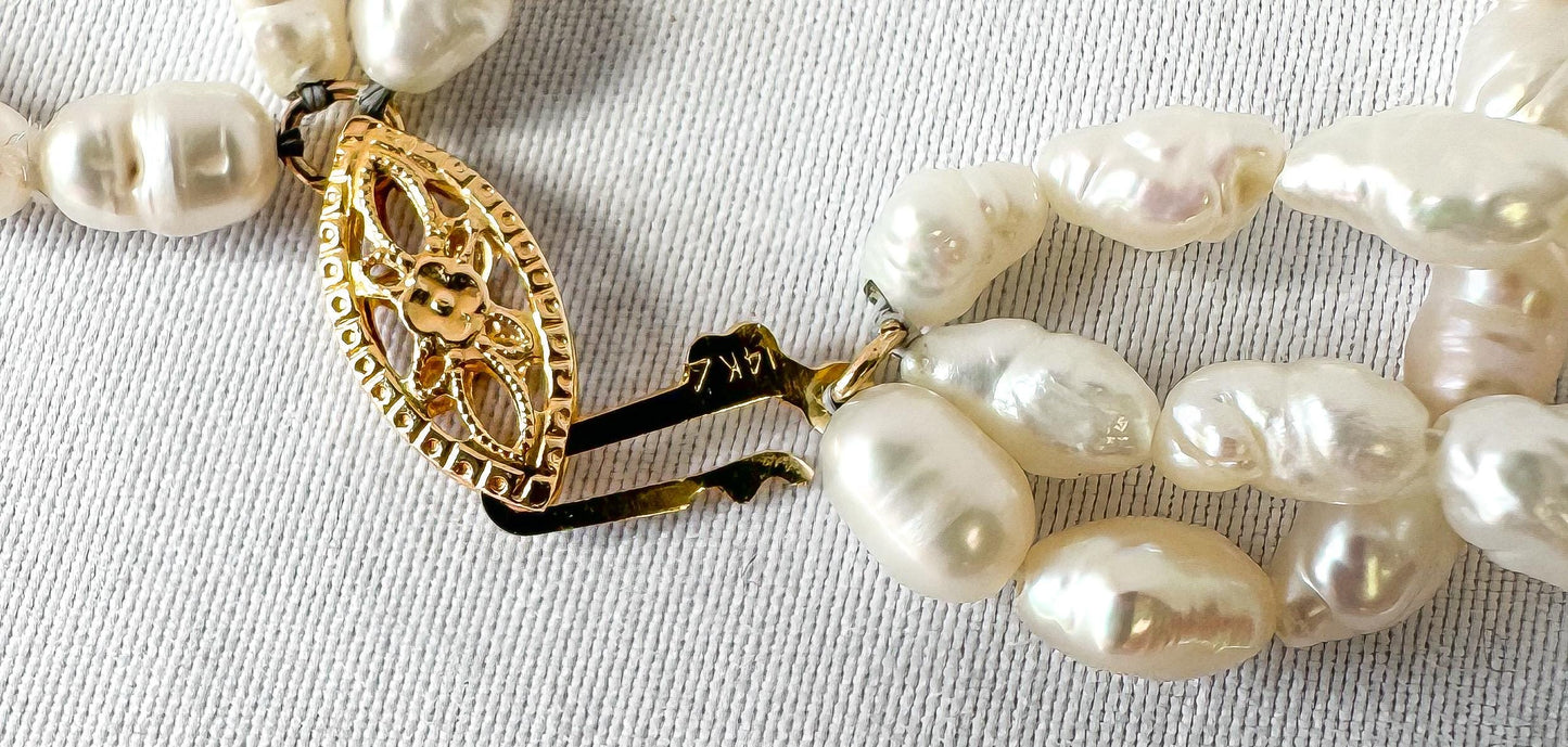 Vintage Three Strand Rice Pearl 14K Gold Clasp Bracelet, Roughly 7.5", Vintage Bridal Beachy Coastal Bracelet