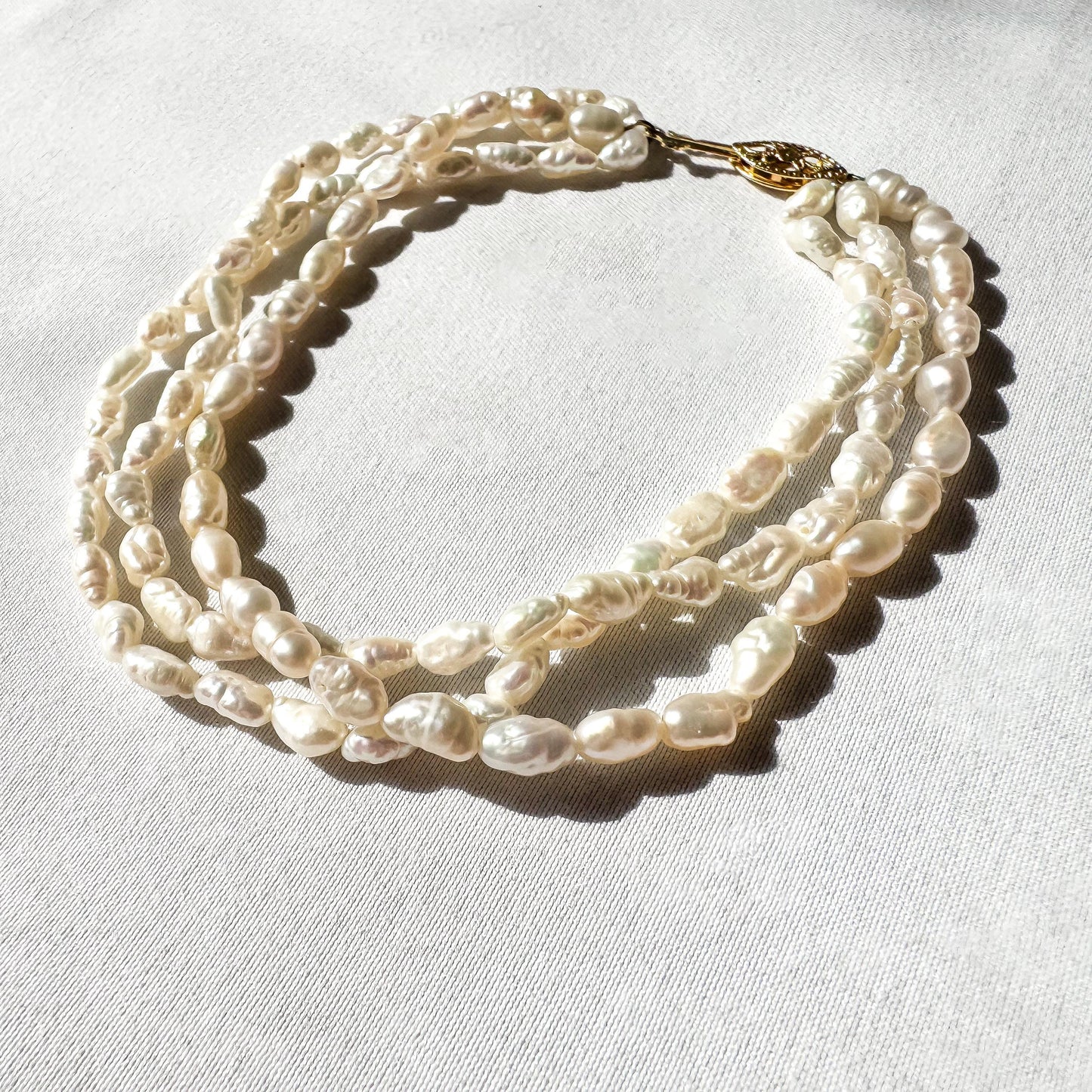 Vintage Three Strand Rice Pearl 14K Gold Clasp Bracelet, Roughly 7.5", Vintage Bridal Beachy Coastal Bracelet