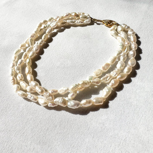 Vintage Three Strand Rice Pearl 14K Gold Clasp Bracelet, Roughly 7.5", Vintage Bridal Beachy Coastal Bracelet