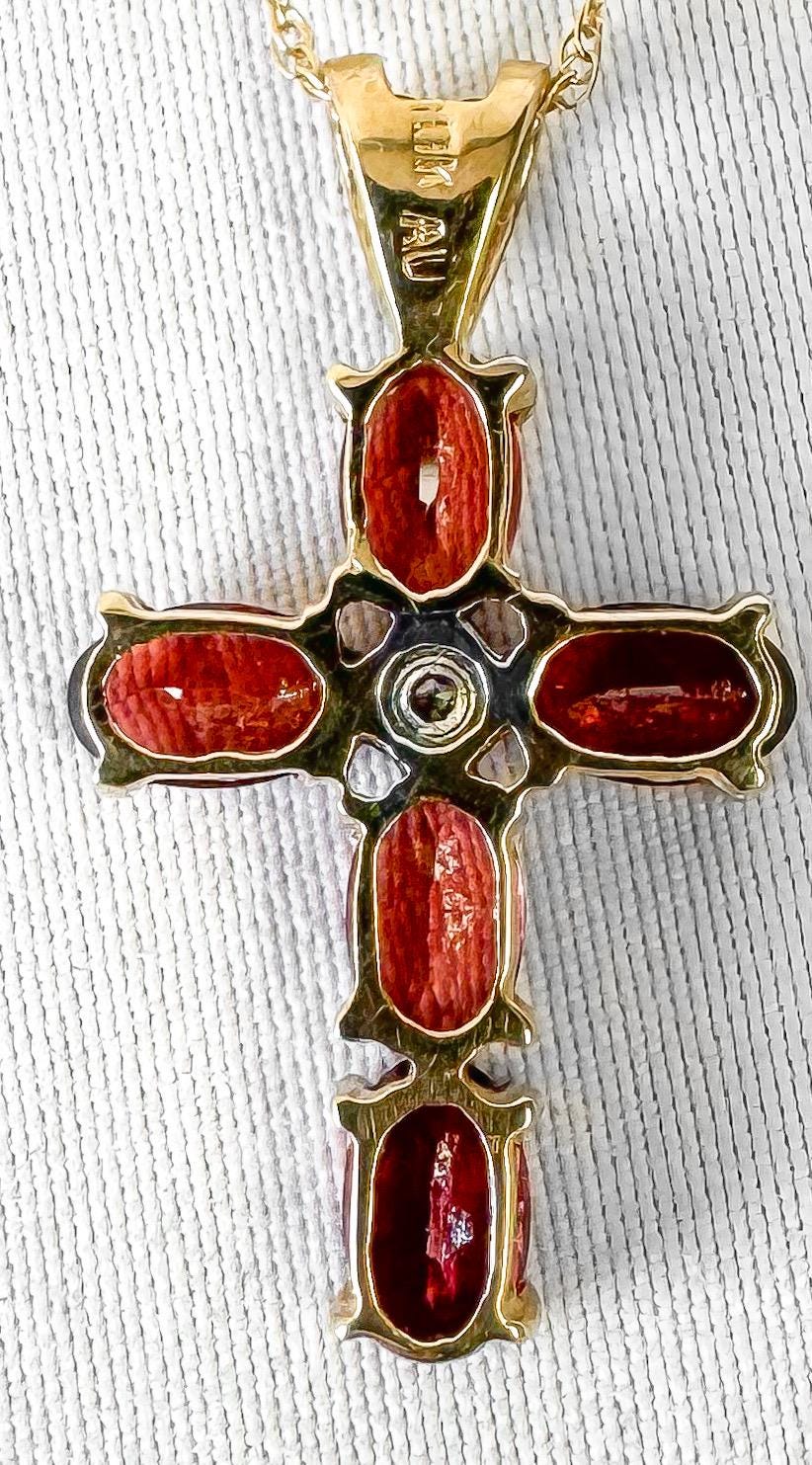 10K Yellow Gold Garnet Diamond Cross 18" Pendant Necklace, Unique Elegant Simple Everyday Necklace