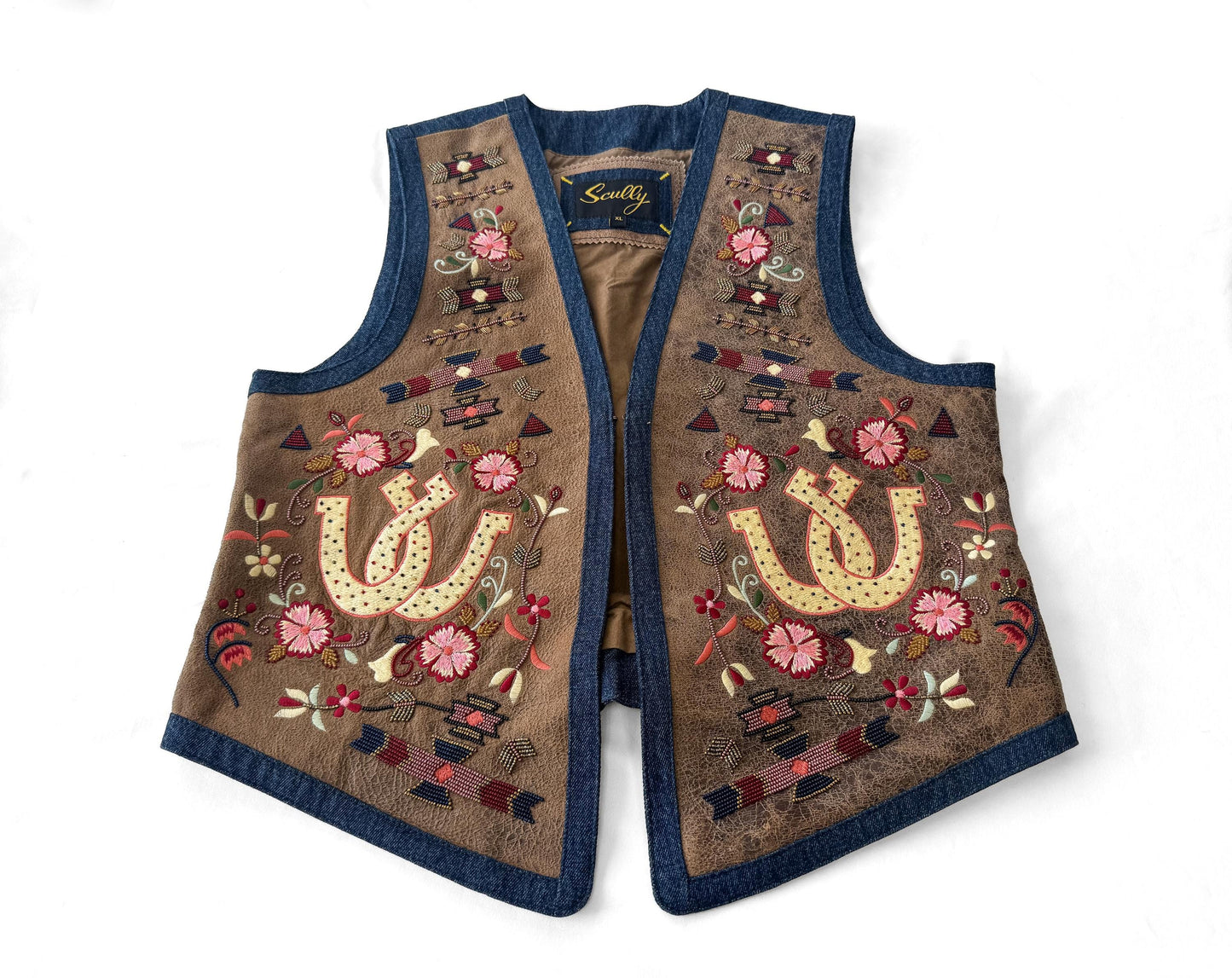 Scully Denim Leather Horseshoe Embroidered Beaded Vest, Women's Sz. S/M, Unique Western Festival Top