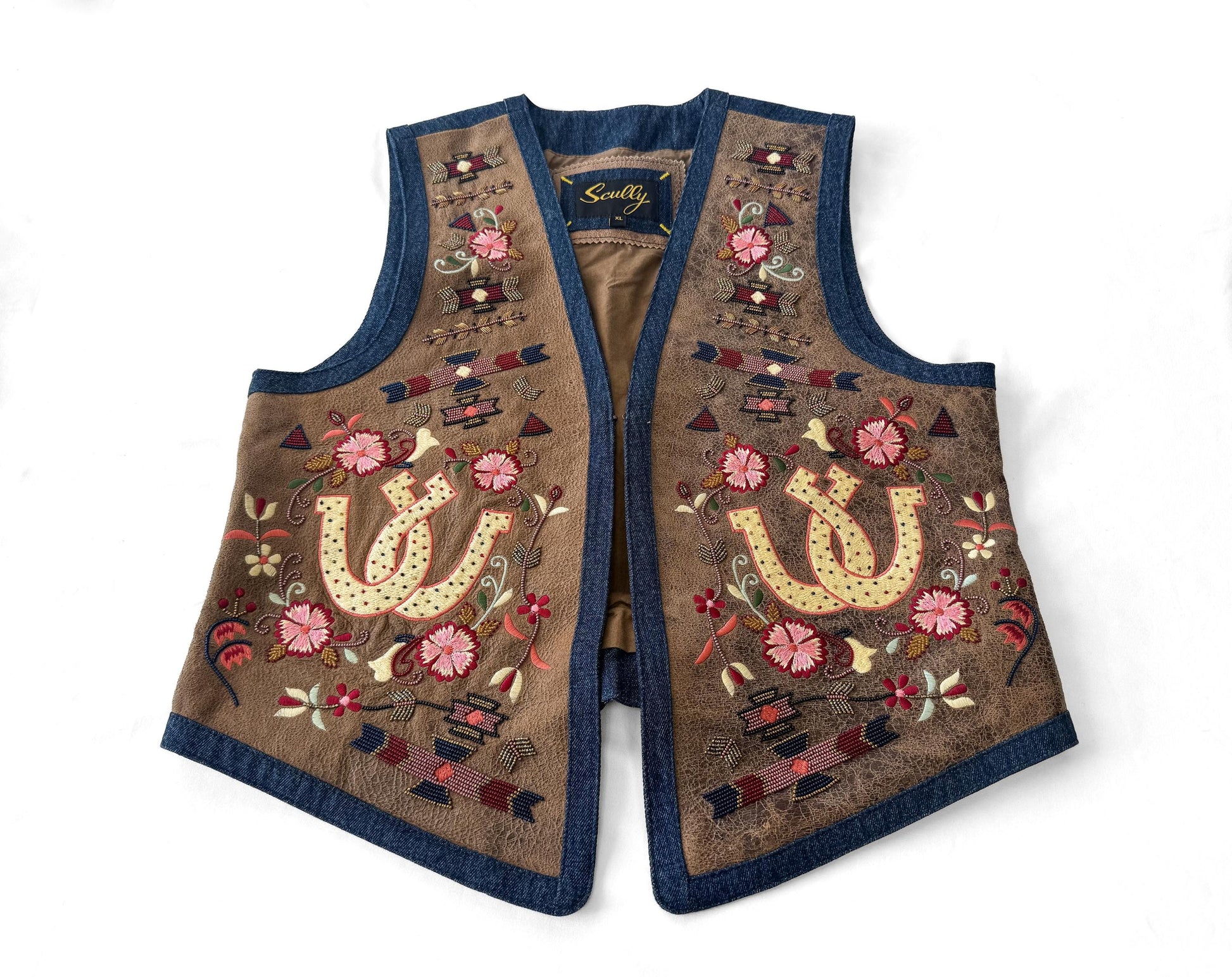 Scully Denim Leather Horseshoe Embroidered Beaded Vest, Women's Sz. S/M, Unique Western Festival Top