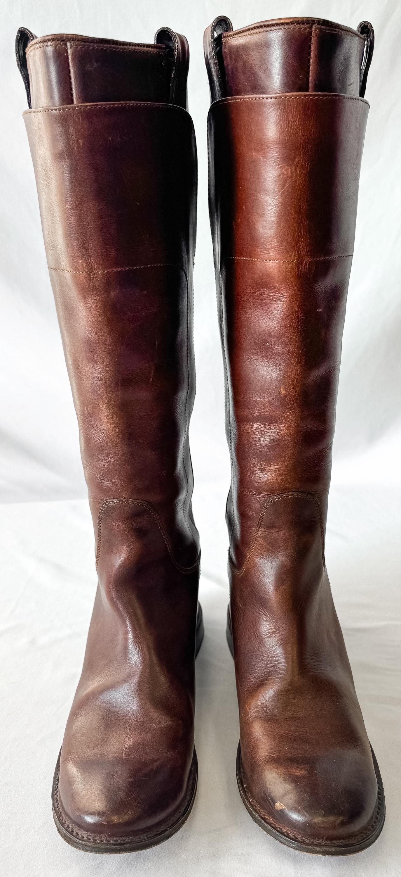 Frye Paige Cognac Brown Knee High Leather Boots, Style 4003, Women's Sz. 9B