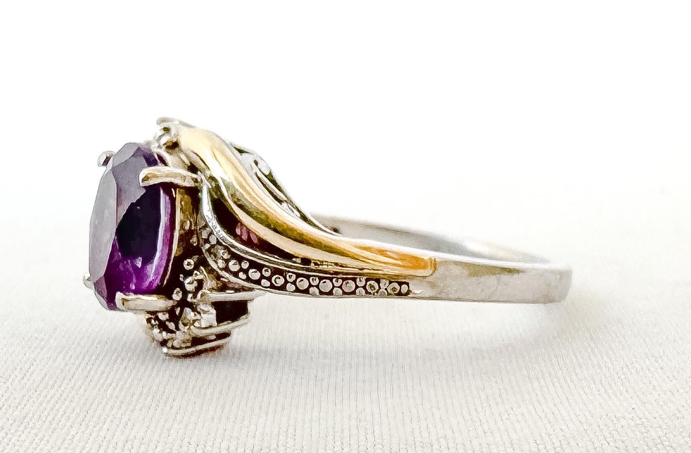 Vintage 10K 925 Two Tone Diamond Amethyst Ring, Sz. 7, Vintage Unique Elegant Art Deco Style Ring
