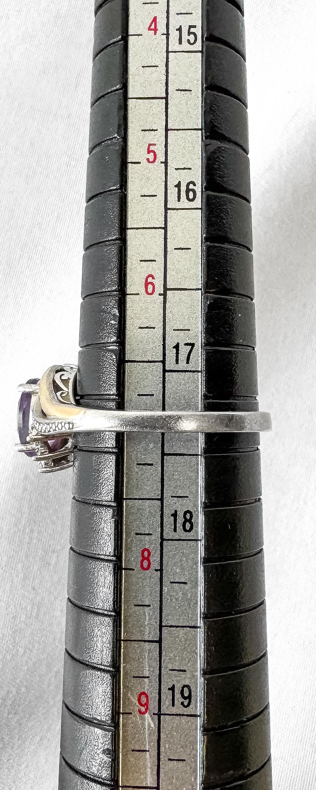 Vintage 10K 925 Two Tone Diamond Amethyst Ring, Sz. 7, Vintage Unique Elegant Art Deco Style Ring