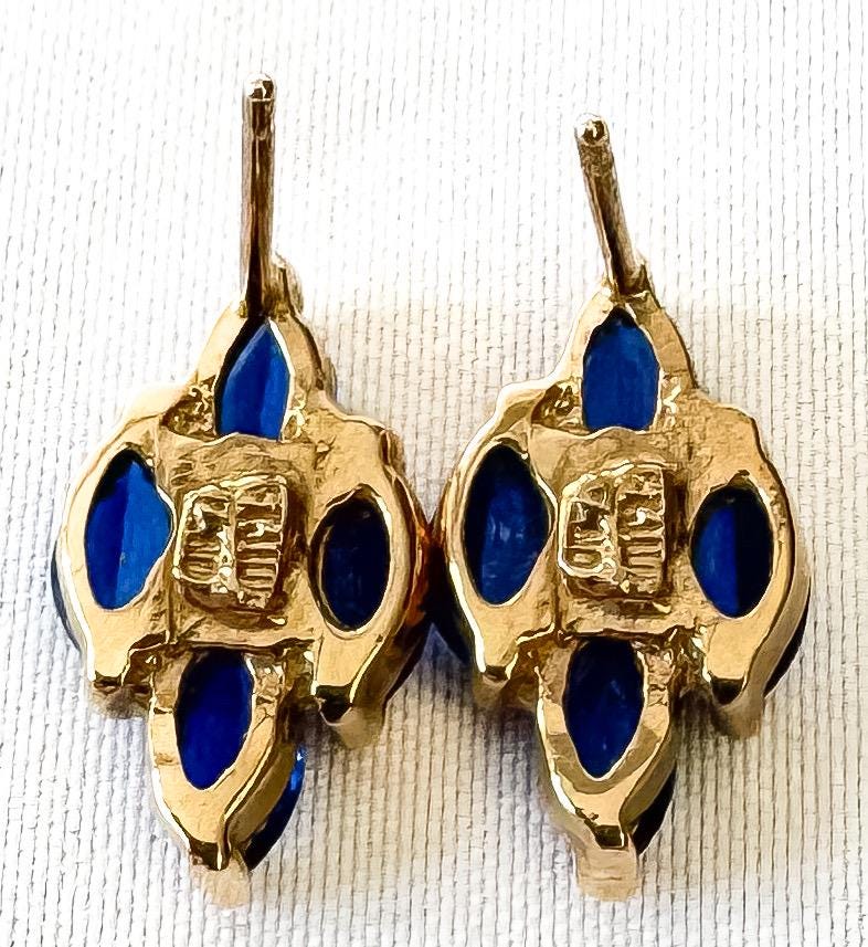 Vintage 10K Yellow Gold Blue Spinel Stone Leaf Studs, Simple Elegant Minimalist Stud Earrings