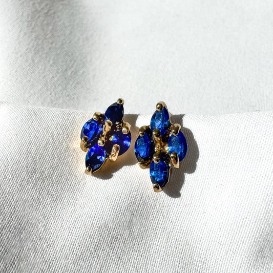 Vintage 10K Yellow Gold Blue Spinel Stone Leaf Studs, Simple Elegant Minimalist Stud Earrings