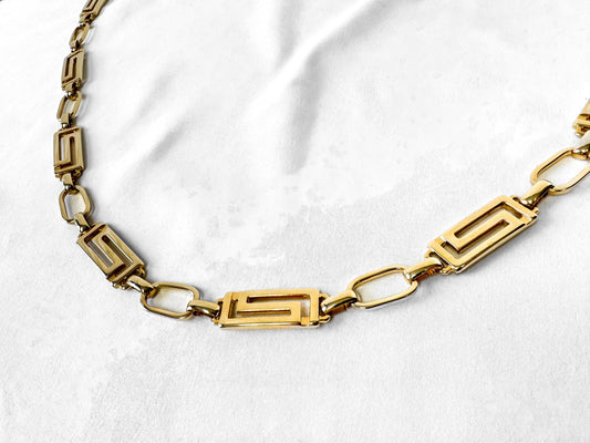 Gold Toned Metal Grecian Key Adjustable Chain Link Belt