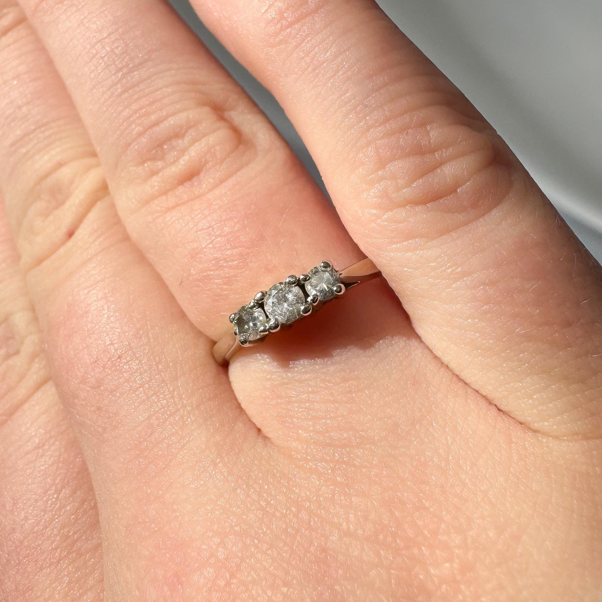 14K White Gold Three Stone Diamond Ring, Sz. 5, Simple Dainty Minimalist Stackable Ring