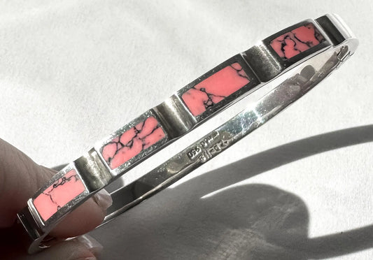 Vintage 950 Sterling Silver Mexico Pink Howlite Hinged Bangle Bracelet, Vintage Navajo Western Boho Bracelet