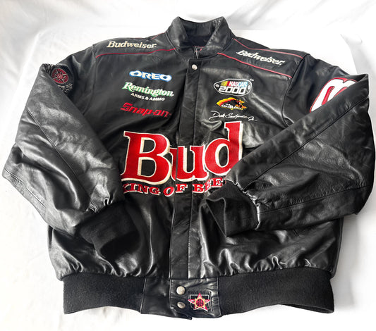 Vintage Budweiser NASCAR Dale Ernhardt Jr. Black Leather Bomber Jacket, Men's Sz. L